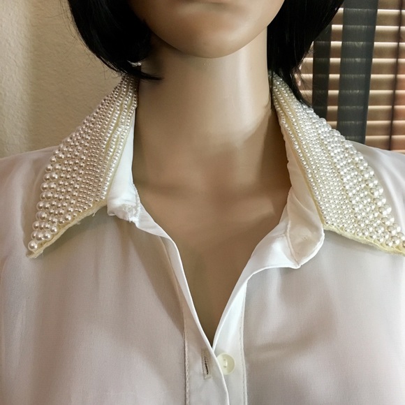 Sasha Tops - Sheer Blouse w/Pearl Embellished Collar